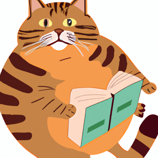 fat brown tabby cat reading a book about cats